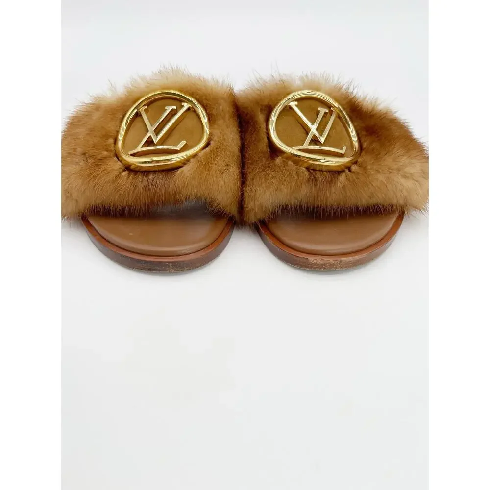 Louis Vuitton Camel Mink Fur Gold LV Logo Lock It Flat Slide Mule Sandals EU 36